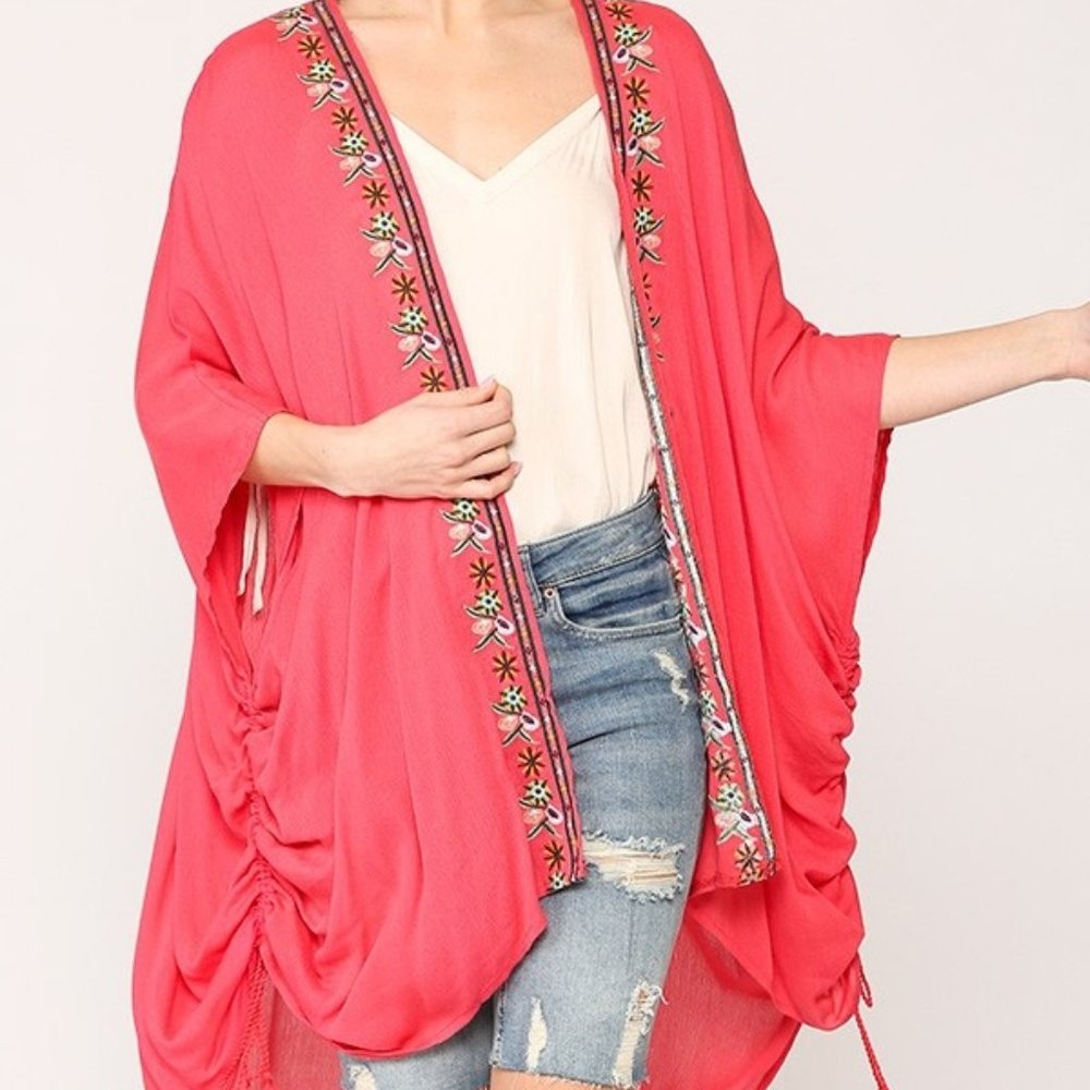 BLUHEAVEN by Umgee S/M M/L coral kimono sleeve jacket cape beach cover-up - Picture 1 of 7